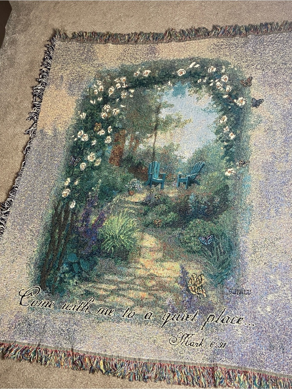 Garden Path Woven Wall Tapestry Throw "come with me to a quiet place " 48" x 60"
